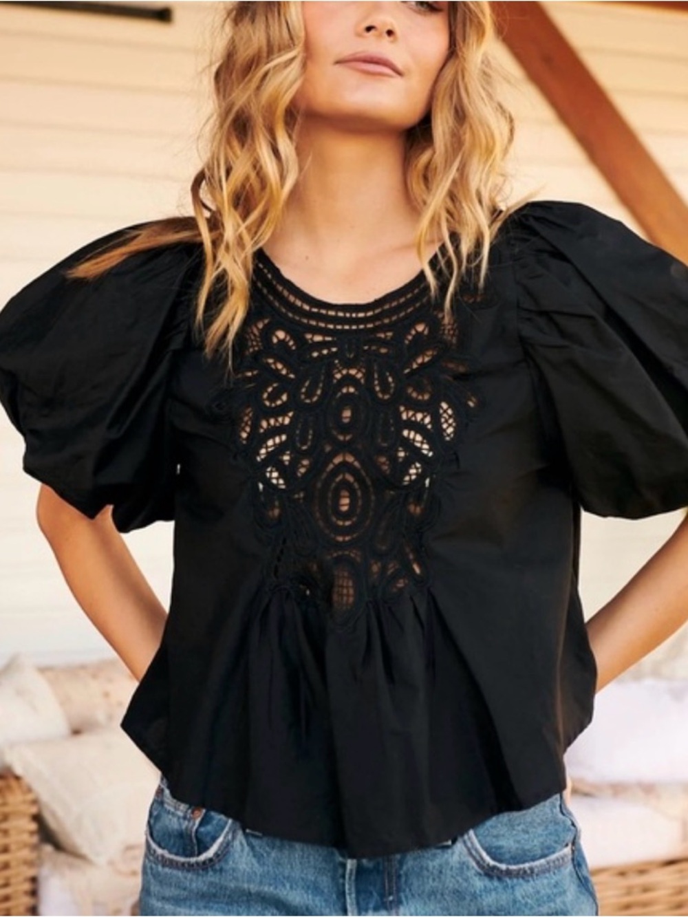 Free People “Bardot” Black Dramatic Sleeve Blouse Size XS EUC